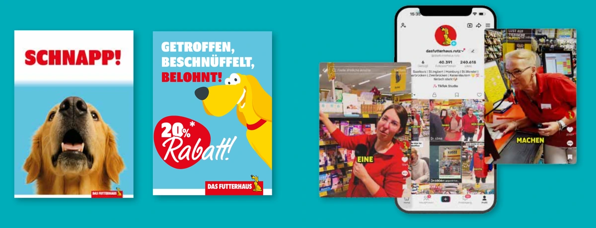 Originale Kampagnenmotive und TikTok-Profil aus der Arbeit für DAS FUTTERHAUS